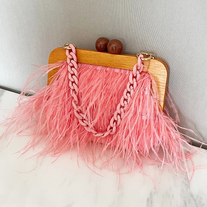 WHTUOHENG Blue/White 4 Colors Feather Evening Clutch Women Wooden Frame Shoulder Handbags Fashion Girl Lady Dinner Party Purse