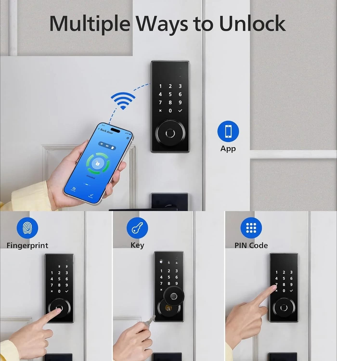 Serratura intelligente Wi-Fi, serratura per porta d'ingresso senza chiave con controllo app, ID impronta digitale, serratura automatica, catenaccio con tastiera, nero opaco