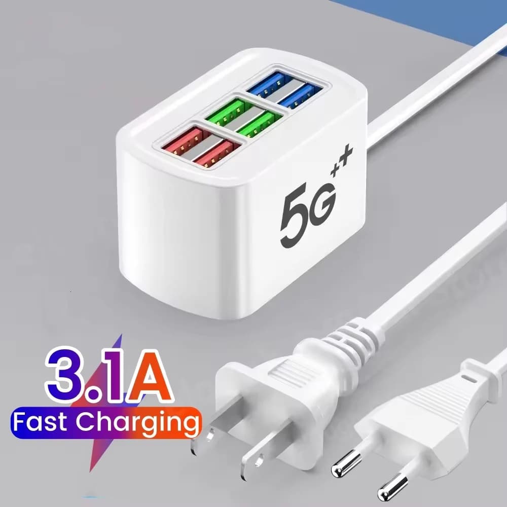 Caricatore USB a 6 Porte con Ricarica Rapida QC 3.0, Adattatore da Viaggio EU/US per iPhone, Samsung, Xiaomi, Telefoni Cellulari, Presa Elettrica, Splitter USB