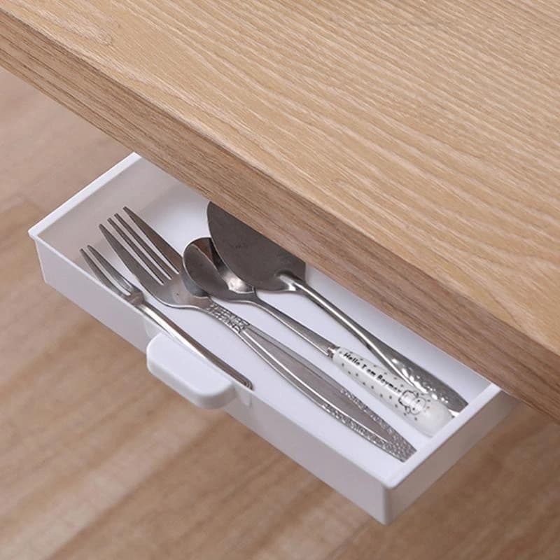 Under Desk Storage Box Self-Adhesive Space Saving Kitchen Fork Knife for Case