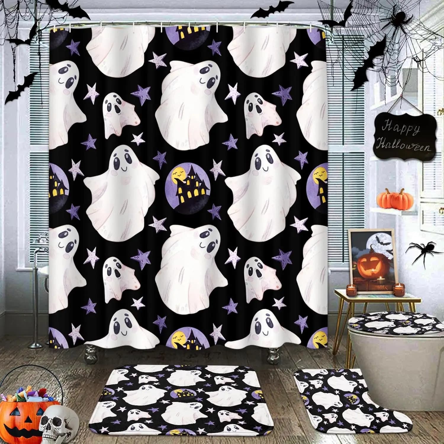 Set di tende da doccia 4 pezzi con tappeti Bianco carino fantasma Luna Tende da bagno Doccia con tappeto antiscivolo Copriwater Tappetino da bagno e