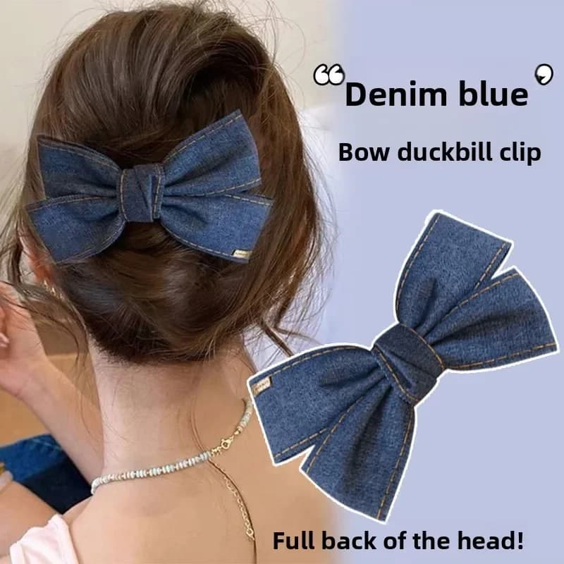 Korean fashionable denim bow grab clip, new high-end hairpin, large shark clip headdress on the back of the head