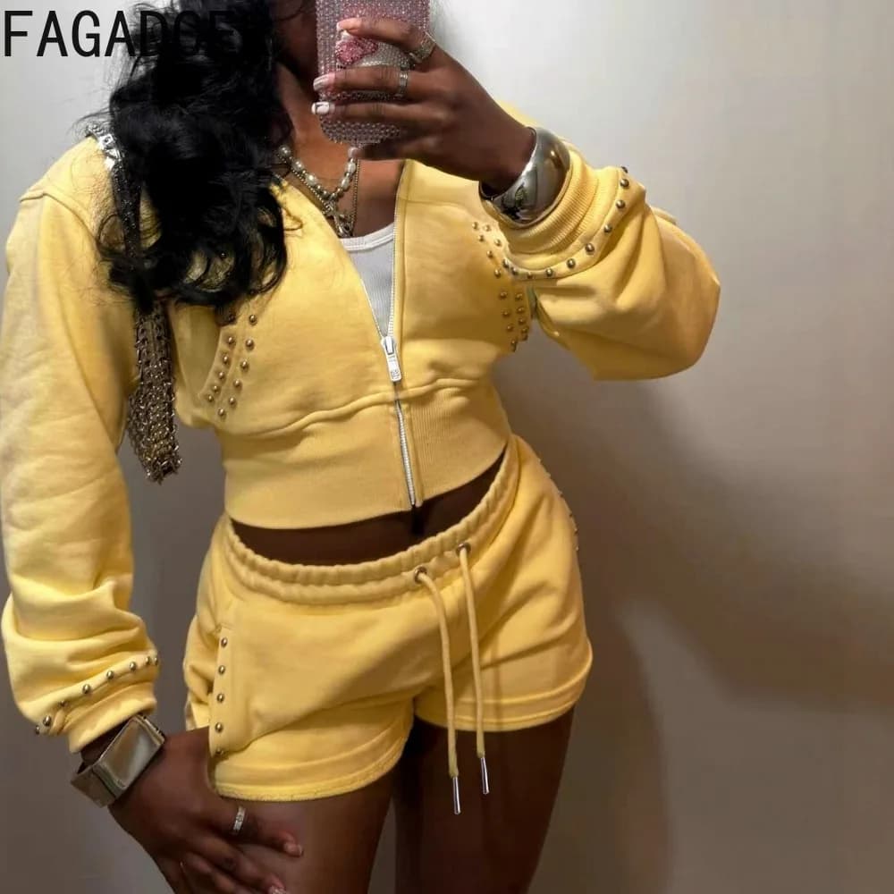 FAGADOER Casual Daily Sports 2 Piece Set Street Rivet Decorate Full Sleeve Zip Crop Hoodie Drawstring Shorts Matching Tracksuit