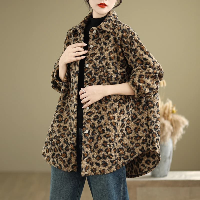 European Style Leopard Print Long Sleeve Collar Plush Shirt Jacket Women's Autumn Winter Loose Lazy Style Top Cotton Blend