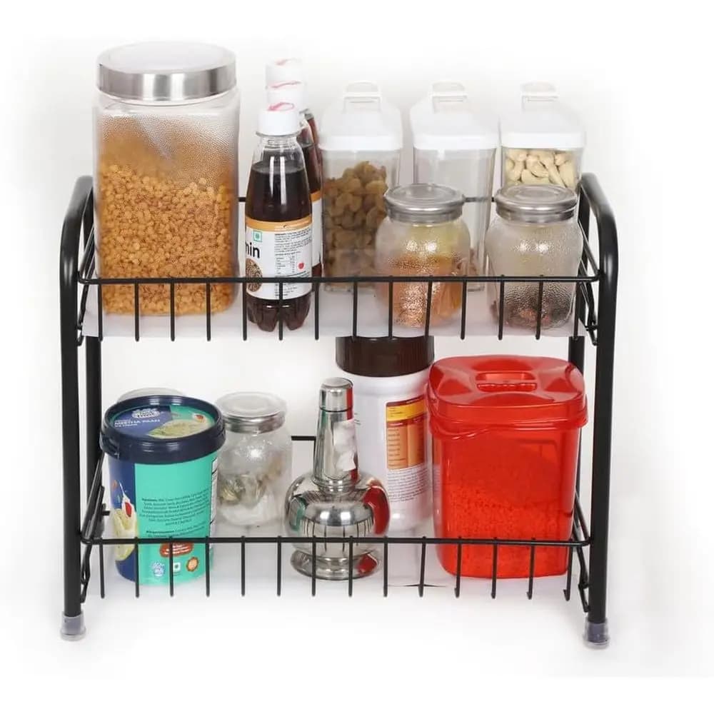 Scaffale da Cucina a 2 Ripiani in Acciaio Inossidabile | Organizzatore di spezie multiuso e porta masala | Supporto per barattoli, utensili e bottiglie | Rust-R