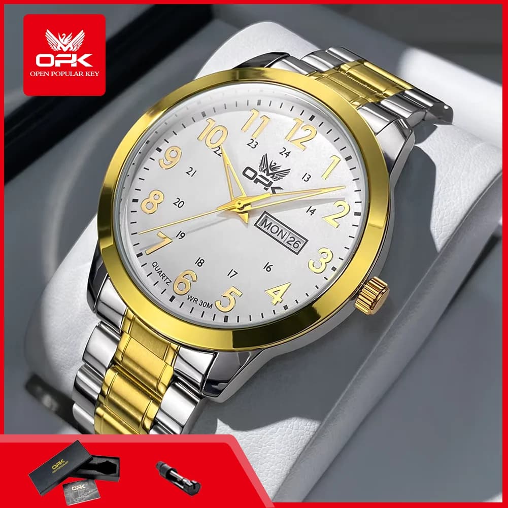 OPK 8176 Orologio da Uomo con Cinturino in Acciaio, Impermeabile, Luminoso, Data e Giorno, Quadrante Digitale Classico, Semplice Orologio al Quarzo da Polso per Uomo