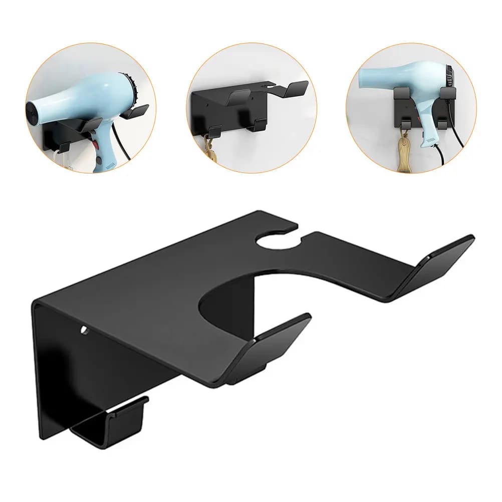 Hair Dryer Holder Wall Mounted Stainless Steel Rack with Non-Slip Front Board Easy Install No Drilling Charging Slot Towel Hook