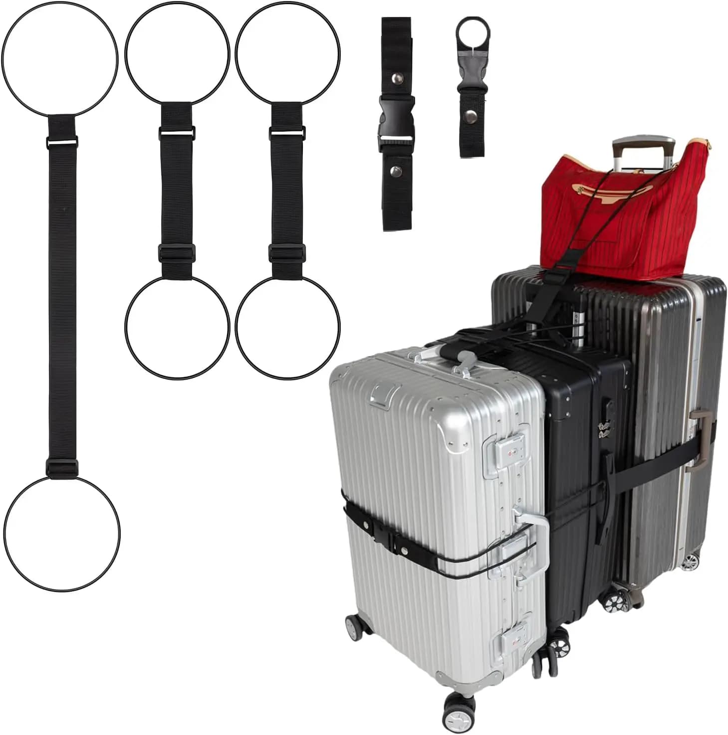 Luggage Straps 3 Pack - Adjustable Connecting Straps with Elastic Rope for Suitcases and Bags, Includes Strap Buckle and Bottle