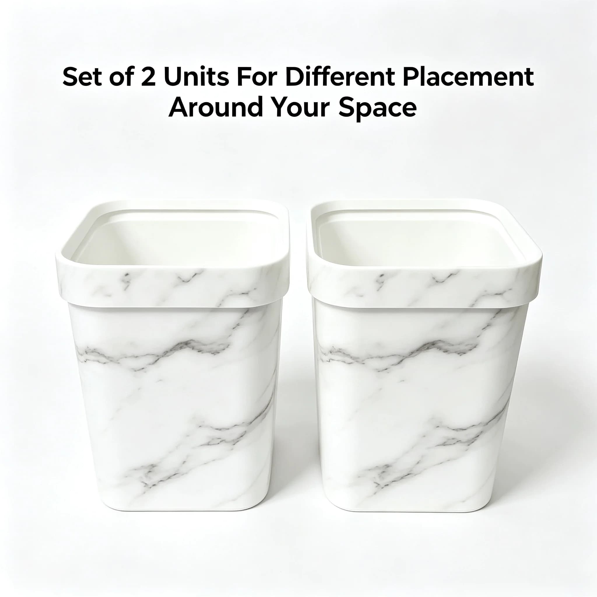 Small Decorative Square Trash Can Set of 2,7L Marble Print Waste Bin, Black & White Marble Two Colors Option