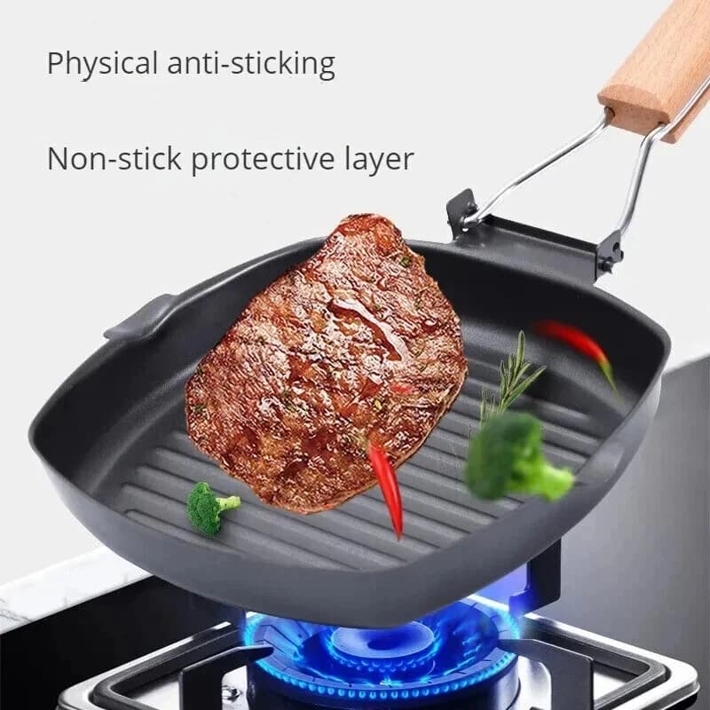 Portable Steak Frying Pan Square Grill Pan With Folding Wooden Handle BBQ Frying Pancast Iron Kitchen Accessory