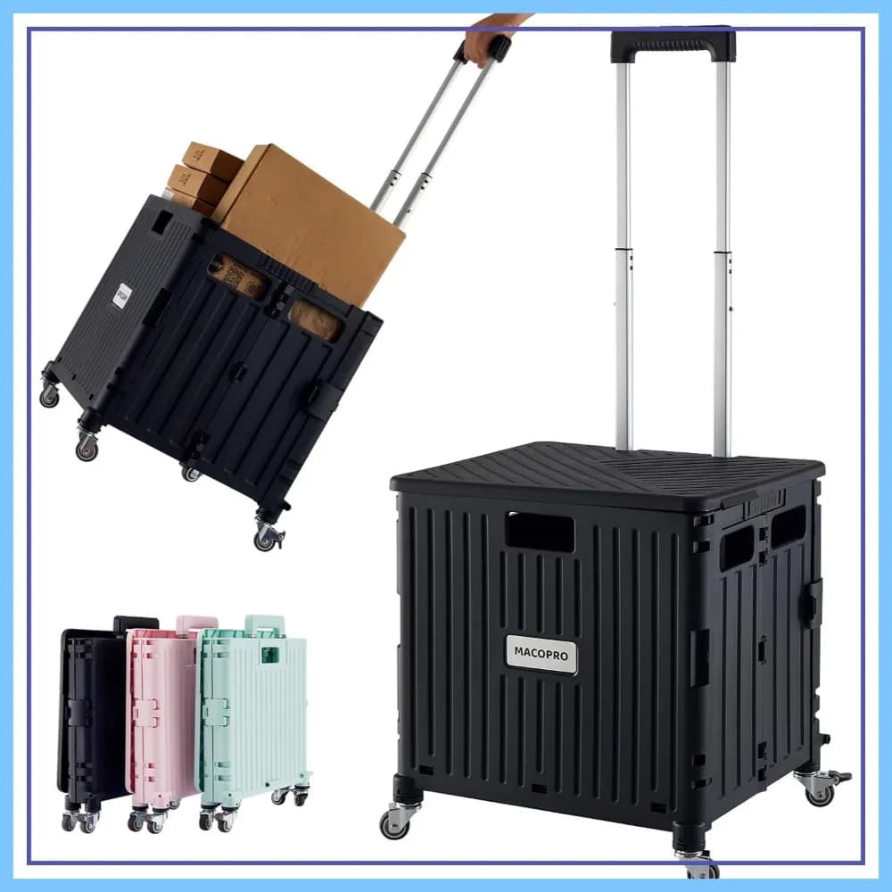 Carrello Pieghevole Multiuso con Coperchio, 4 Ruote Girevoli, Contenitore Portatile su Ruote per Spesa, Ufficio, Bagagli