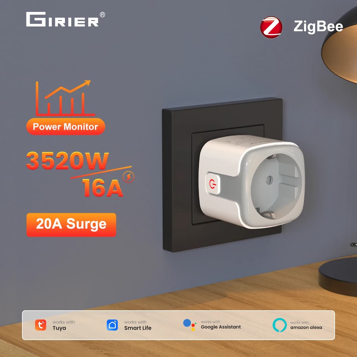 GIRIER Tuya ZigBee 3.0 16A Smart Grip with Energy Measurement Function 3520W Compatible with Alexa and Hey Google