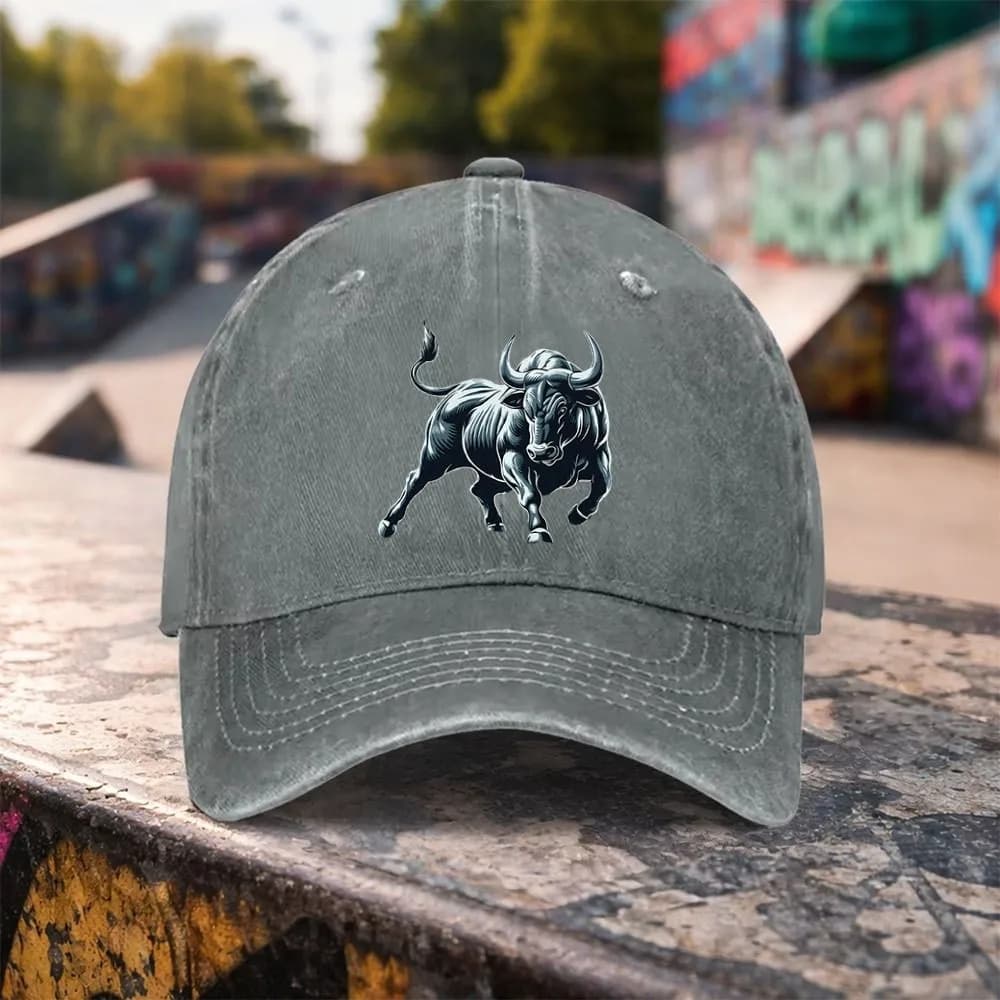 Aggressive Bull Graphic Washed Cotton Baseball Cap Adjustable Outdoor Casual Unisex Hat