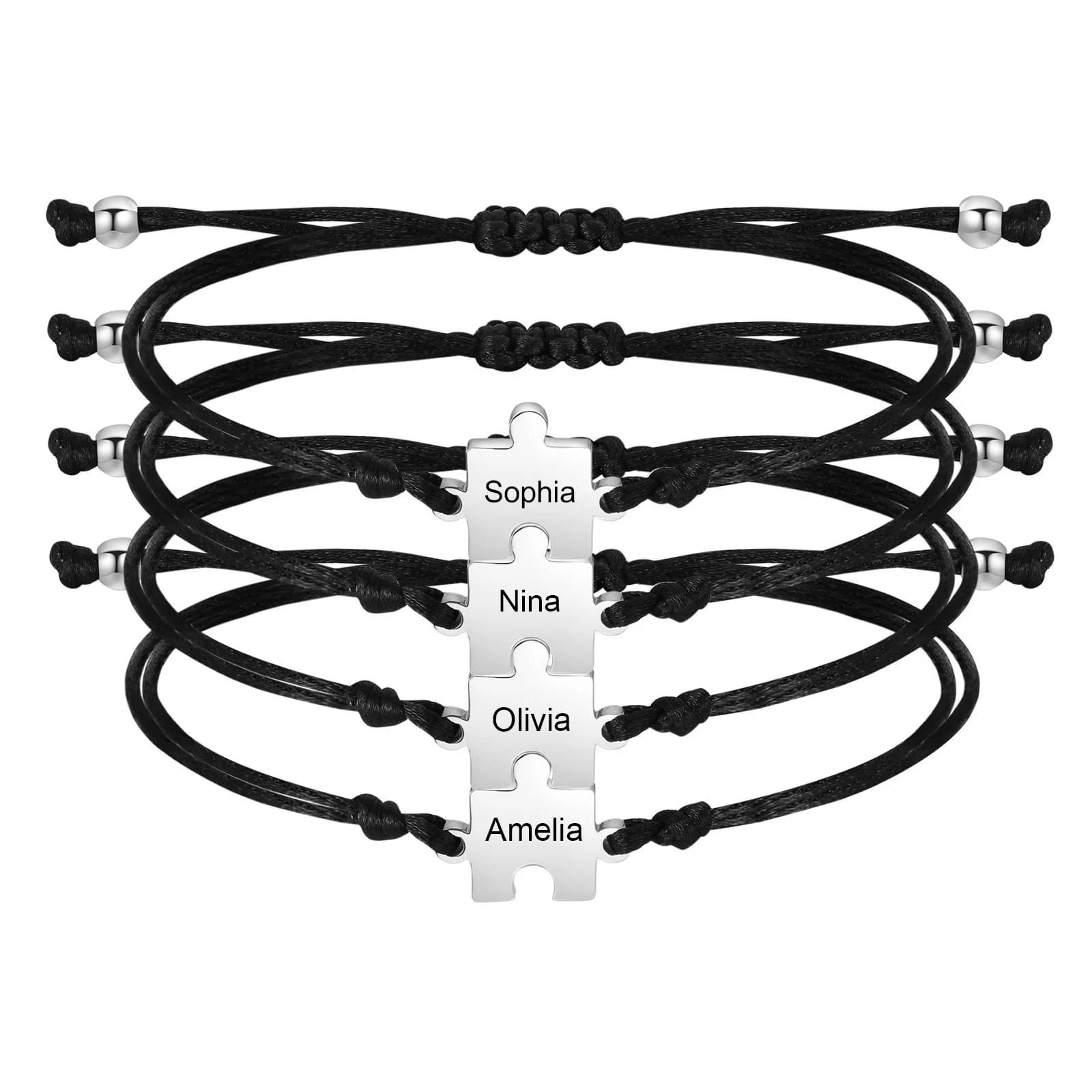 Personalized Name Puzzle Bracelets, Black Rope Adjustable String Wristband for Women Men Sister Friendship BFF Couple Jewelry