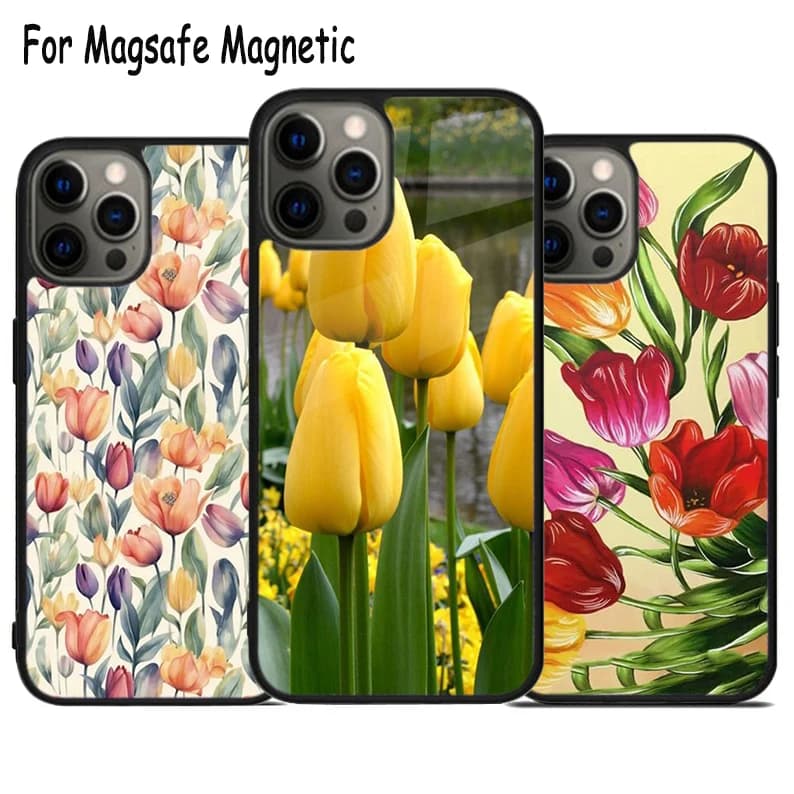 Custodia per telefono con ricarica wireless a forma di tulipano per iPhone 17 Air 15 16 16e 14 13 11 12 Pro Max Plus, cover magnetica Magsafe