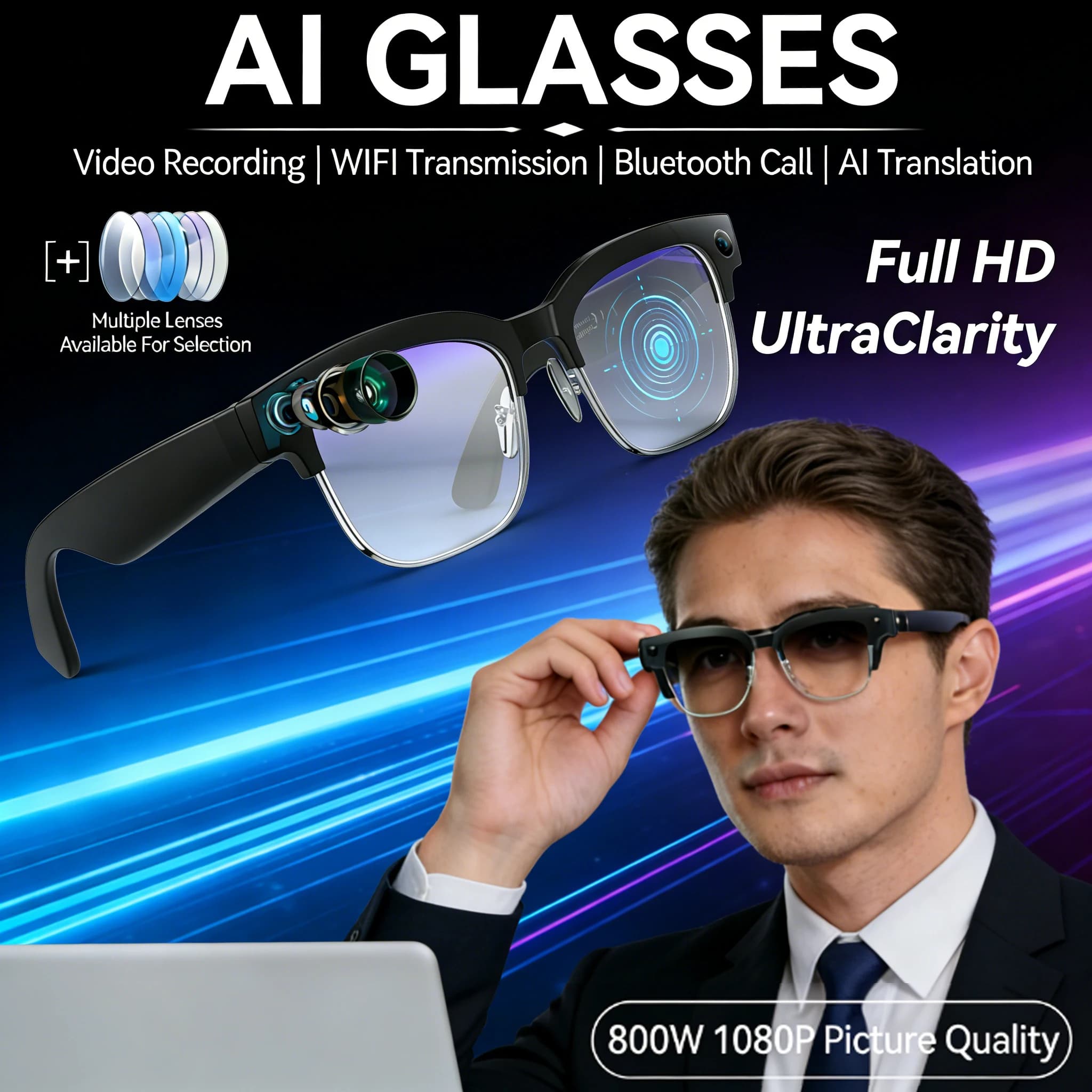 Intelligent AI 8MP Bluetooth waterproof IP66 with video recording Photo recognition Translation Glasses 290mAh for everyday
