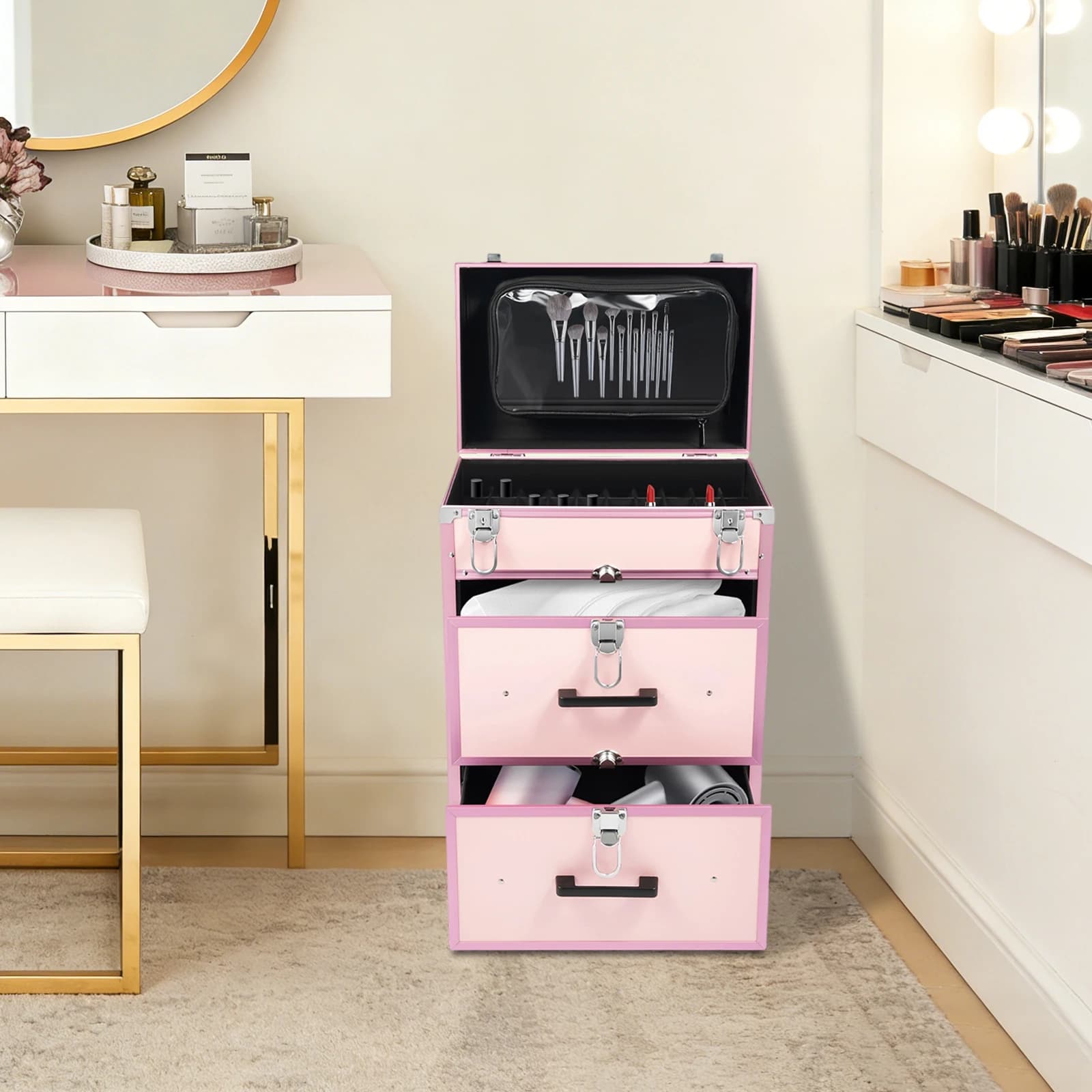 Valigia Trucchi Bymaocar 40 Scomparti Rosa con Ruote, 2 Grandi Cassetti, Borsa Staccabile, Manico Telescopico a 3 Livelli, Leggera (6,7 kg), Ruote Silenziose Universali per Salone di Bellezza, Unghie e Tatuaggi