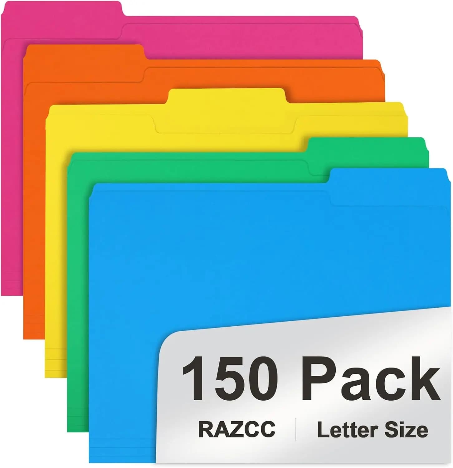 Confezione da 150 Cartelle Colorate con Linguette, Formato Lettera 1/3 per Organizzazione Ufficio e Scuola, 5 Colori Assortiti