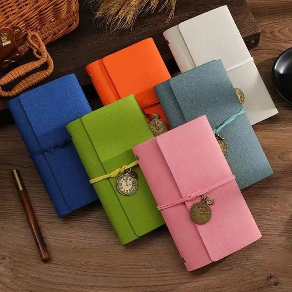 Thick Paper Notebook A6 Faux Leather Journal Notebook with 6-ring Loose Leaf Binder Retro Clock Pendant Personal for Travel