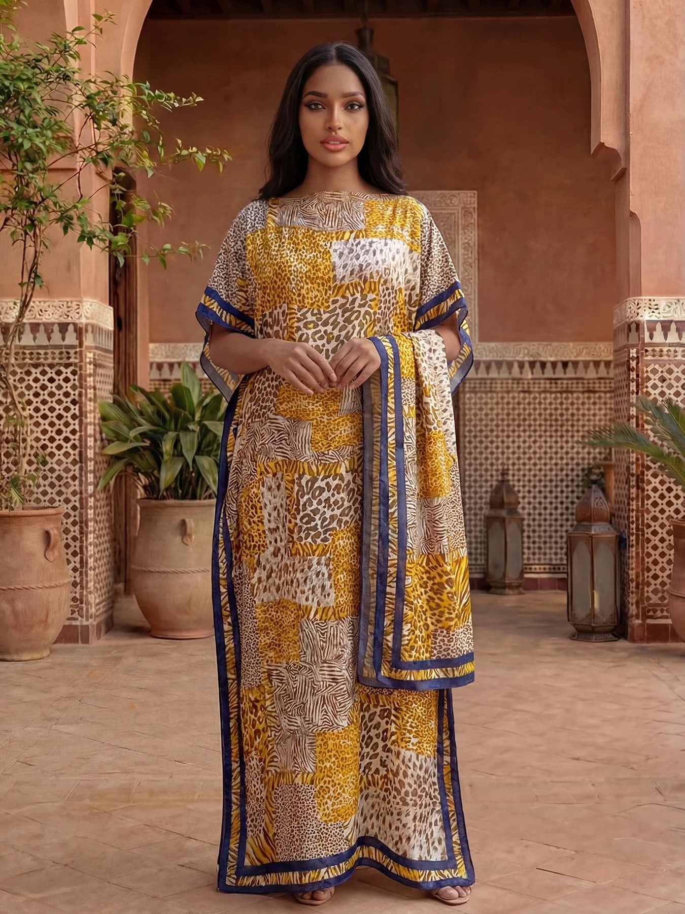 NEW Fashion Summer Dress with Big Scarf, Kaftan Dubai Turkey, Abaya Muslim Larga, African Casual Dress with Leopard Print for Women