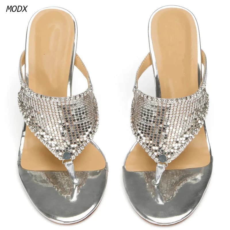 Women Silver Metallic Thong Mules Sequins Rhinestone Stiletto Heels Slip On Flip Flop High Heel Sandals Evening Club Party Heels