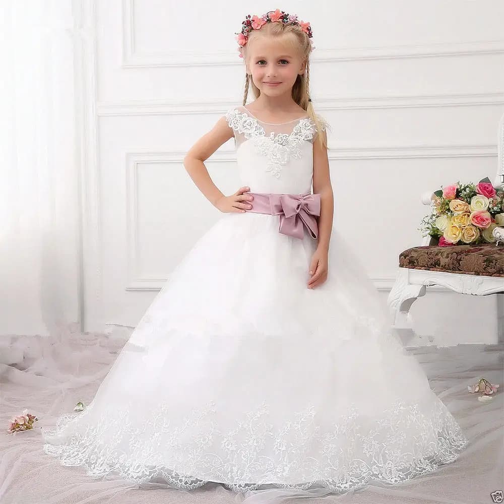 Abito da ballo da sera per bambini con scollo in cristallo Abiti da principessa per ragazza in pizzo gonfio con glitter vintage Abiti da ragazza con volant nudi e maniche a fiori