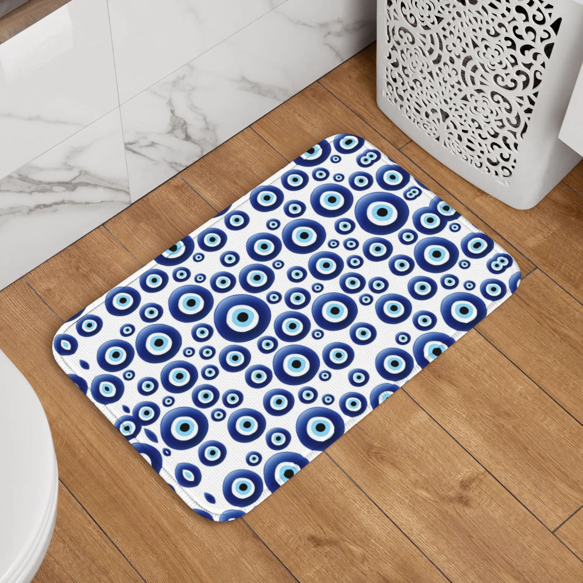 Tappeto Zerbino Personalizzato Mediterraneo con Amuleto Contro il Malocchio per Ingresso, Bagno e Cucina - Tappeto Decorativo Hamsa per Interni