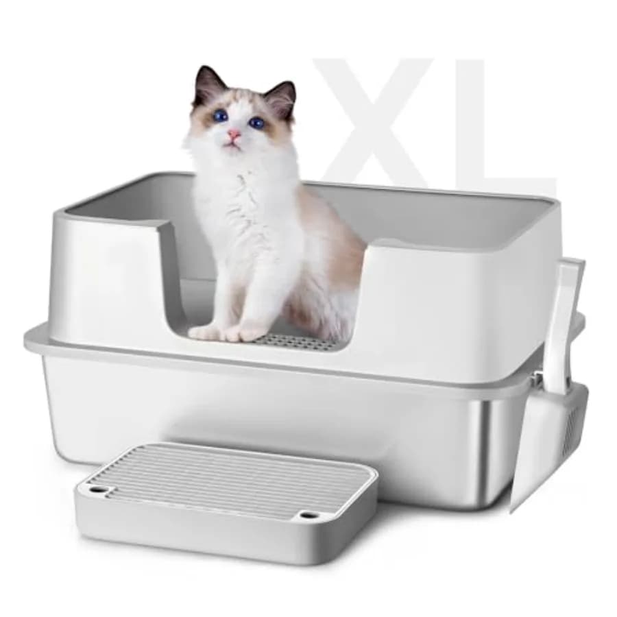 Lettiera per Gatti XL in Acciaio Inossidabile con Gradino, Extra Large per Gatti Grandi, con Bordi Alti, Antiaderente, Facile da Pulire A