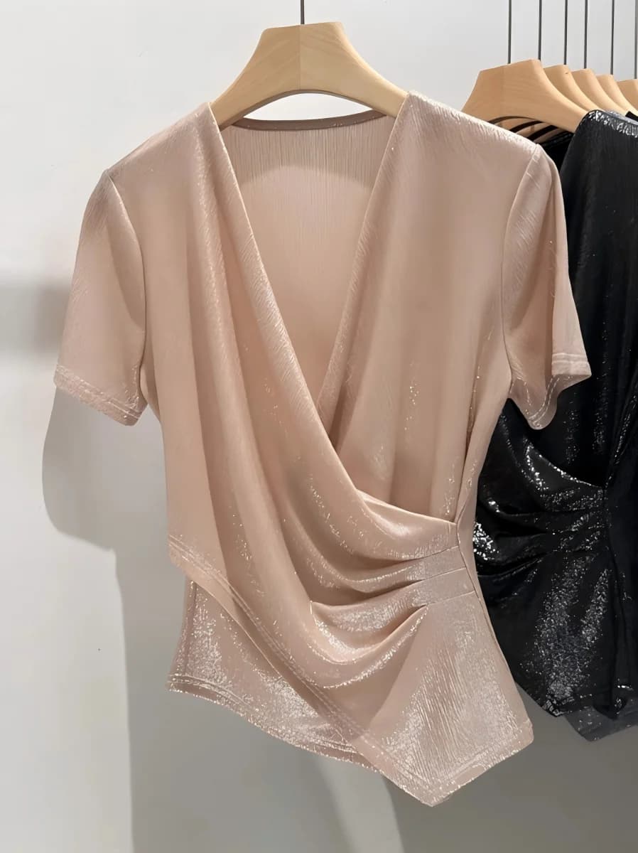 T-shirt elegante da donna in rete, slim fit, modellante e contenitiva, con scollo a V incrociato e maniche corte – Completi eleganti da donna