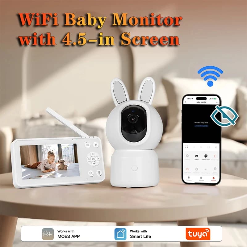 Monitor WiFi per Bambini e Animali Domestici, Telecamera di Sicurezza Intelligente con Schermo LCD da 4,5 Pollici, Zoom PTZ Tuya, Sensore di Temperatura e Ninna Nanna