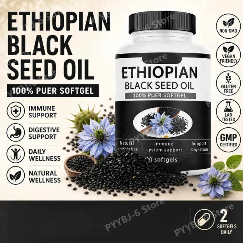 Olio di semi neri etiopi in capsule morbide, 60 pezzi, 100% naturale, senza glutine, non OGM, antiossidante, integratore per la salute quotidiana, per il sistema immunitario e la digestione.