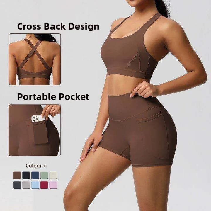 Women's Fitness Running Set Anti-shock Beautiful Back Sports Bra And Shorts Yoga Clothes Double-sided Brushed Moisture-wickin...