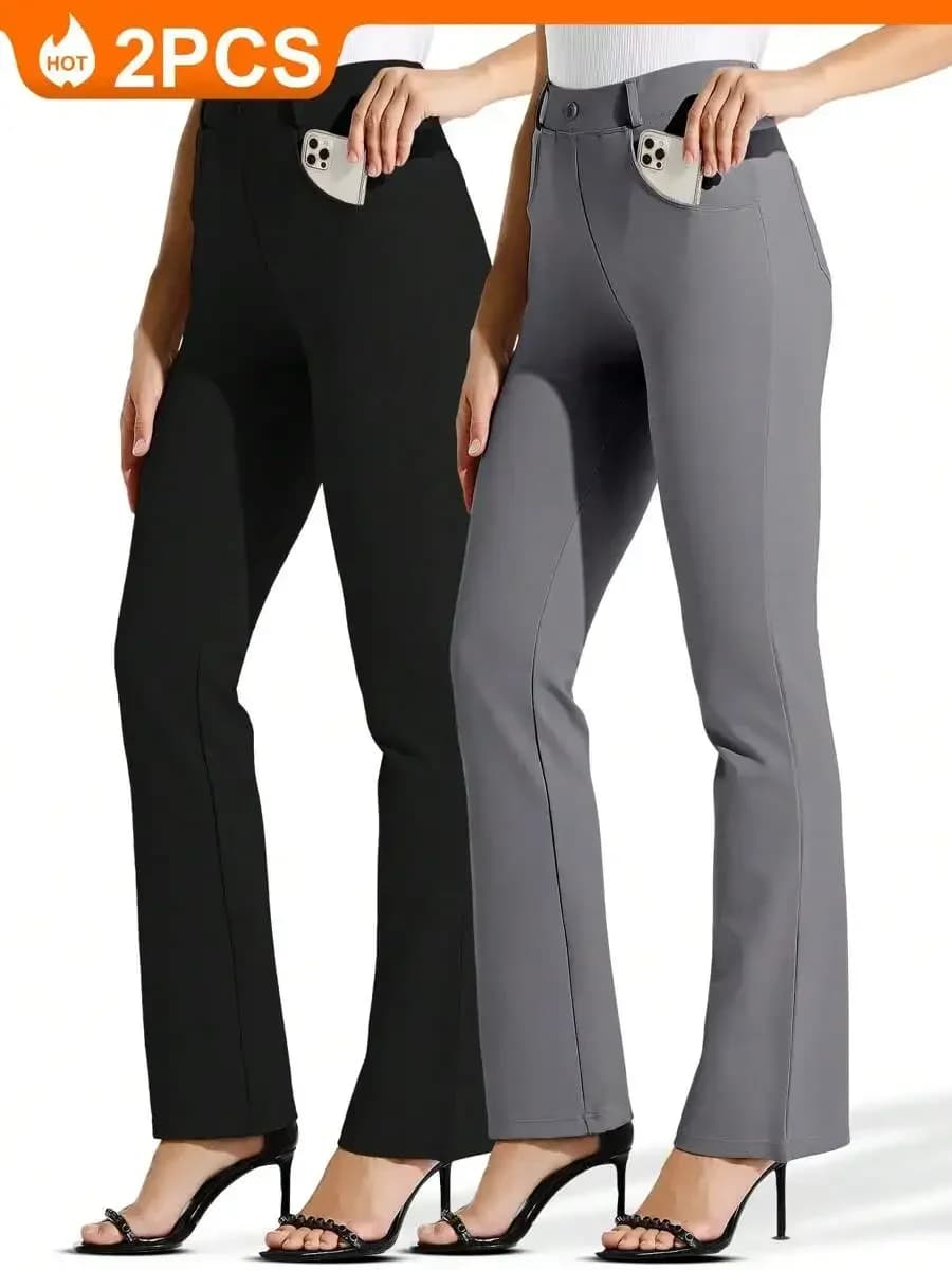 Confezione da 2 Pantaloni da Donna a Zampa d'Elefante, Elasticizzati e Leggeri, per Lavoro e Ufficio, con Passanti per Cintura e 4 Tasche