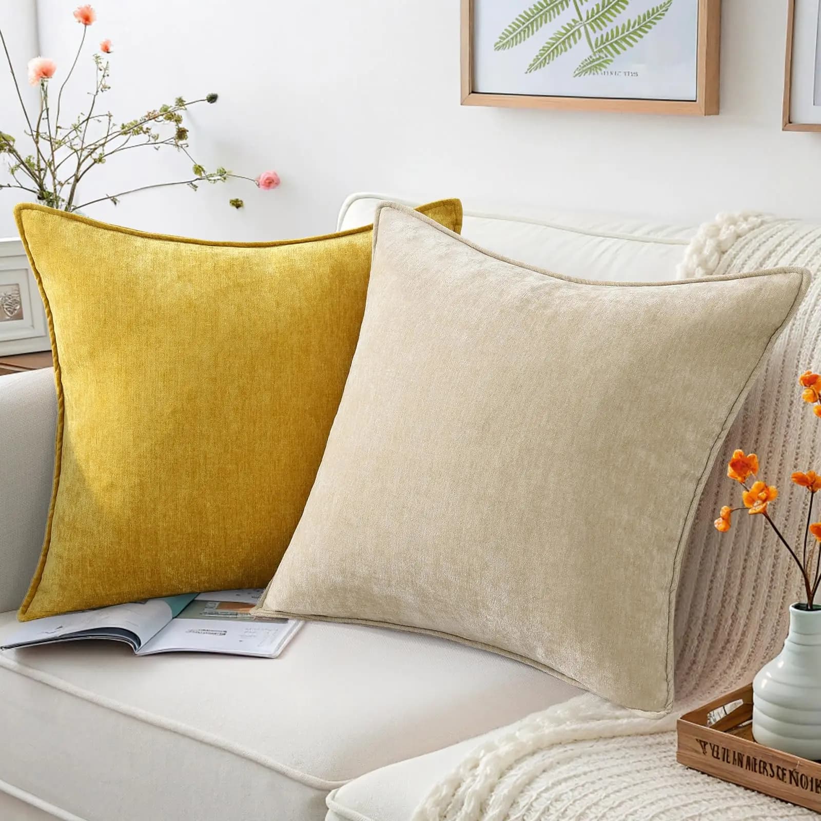 Set di 2 fodere per cuscini per divano, fodere per cuscini decorativi morbidi in ciniglia neutra europea dal design elegante per la decorazione della casa del divano