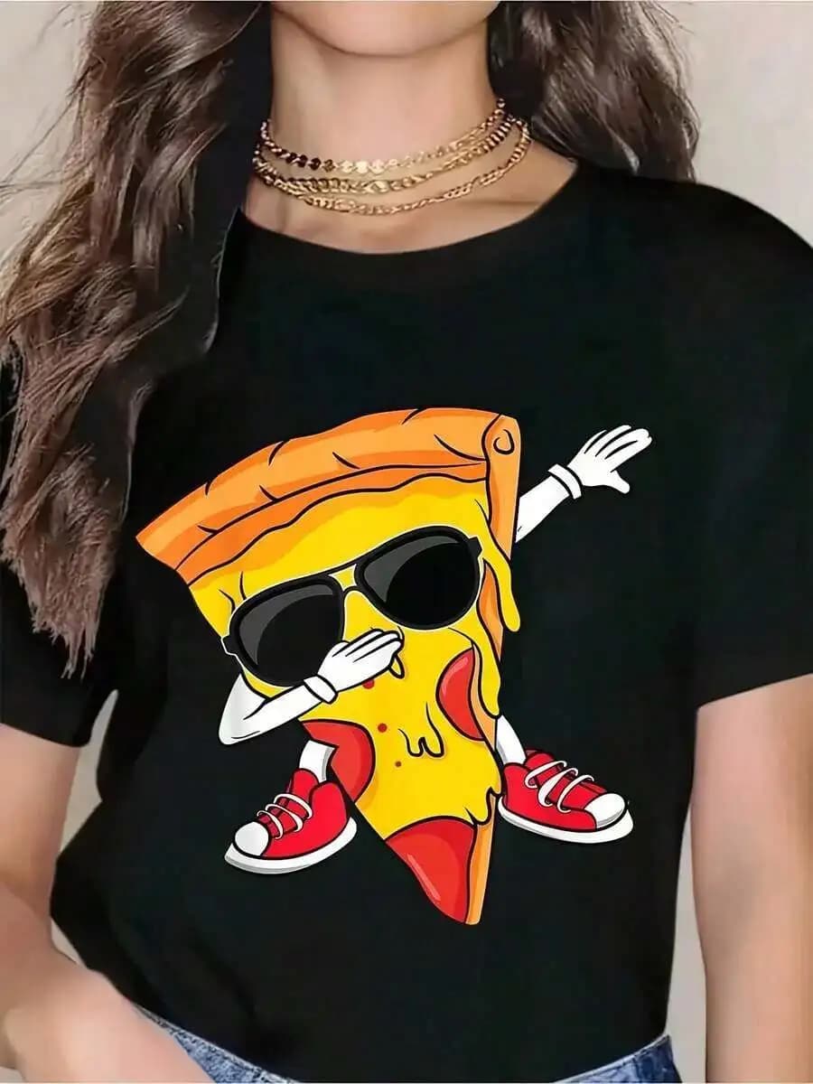 T-shirt grafica con stampa di una fetta di pizza con occhiali da sole e scarpe da ginnastica per bambini, magliette casual alla moda