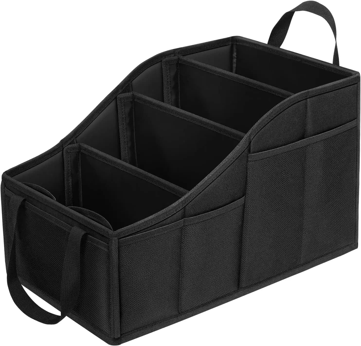 Organizer per Sedile Auto con 4 Scomparti, 4 Portabicchieri e 7 Tasche in Rete per Sedili Anteriori e Posteriori, Nero