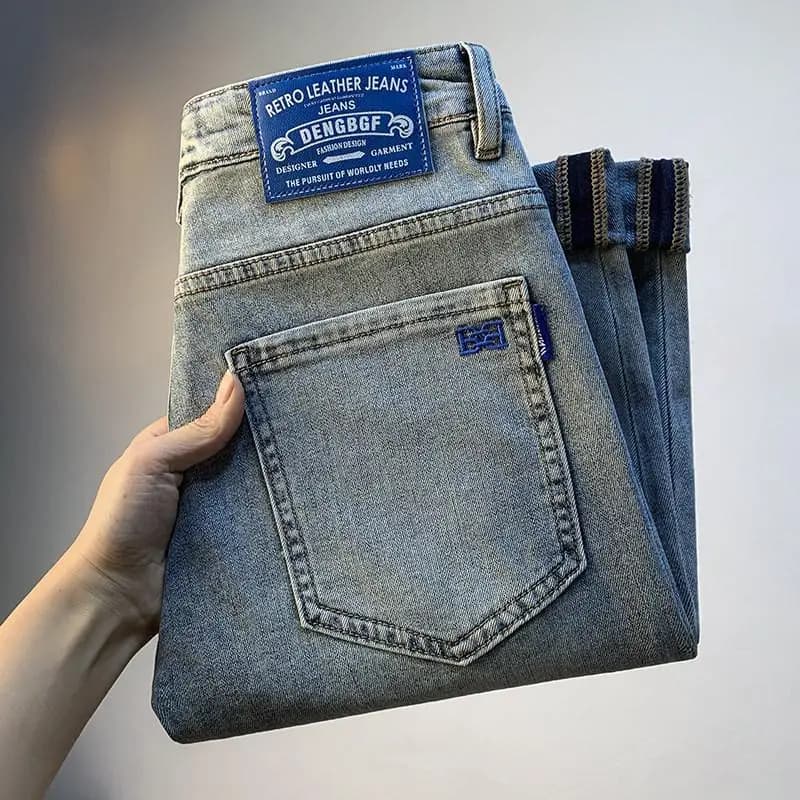 American Vintage Light Wash Slim Skinny Long Denim Jeans For Men Spring Summer Stylish Daily Casual Pants