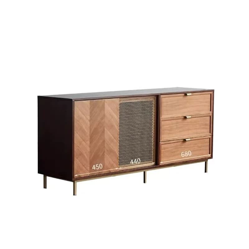 Mobile consolle in legno a spina di pesce: pannello in rete+3 cassetti, gambe dorate, credenza moderna, mobili per ingresso soggiorno
