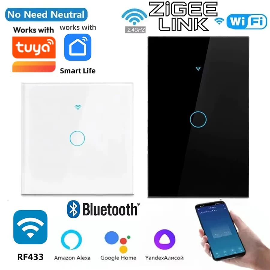 Interruttore a Muro Smart WiFi Tuya US/EU con RF 433MHz Bluetooth, 1/2/3/4 Gang, Sensore Touch, Interruttori LED Intelligenti Compatibili con Alexa e Google Home