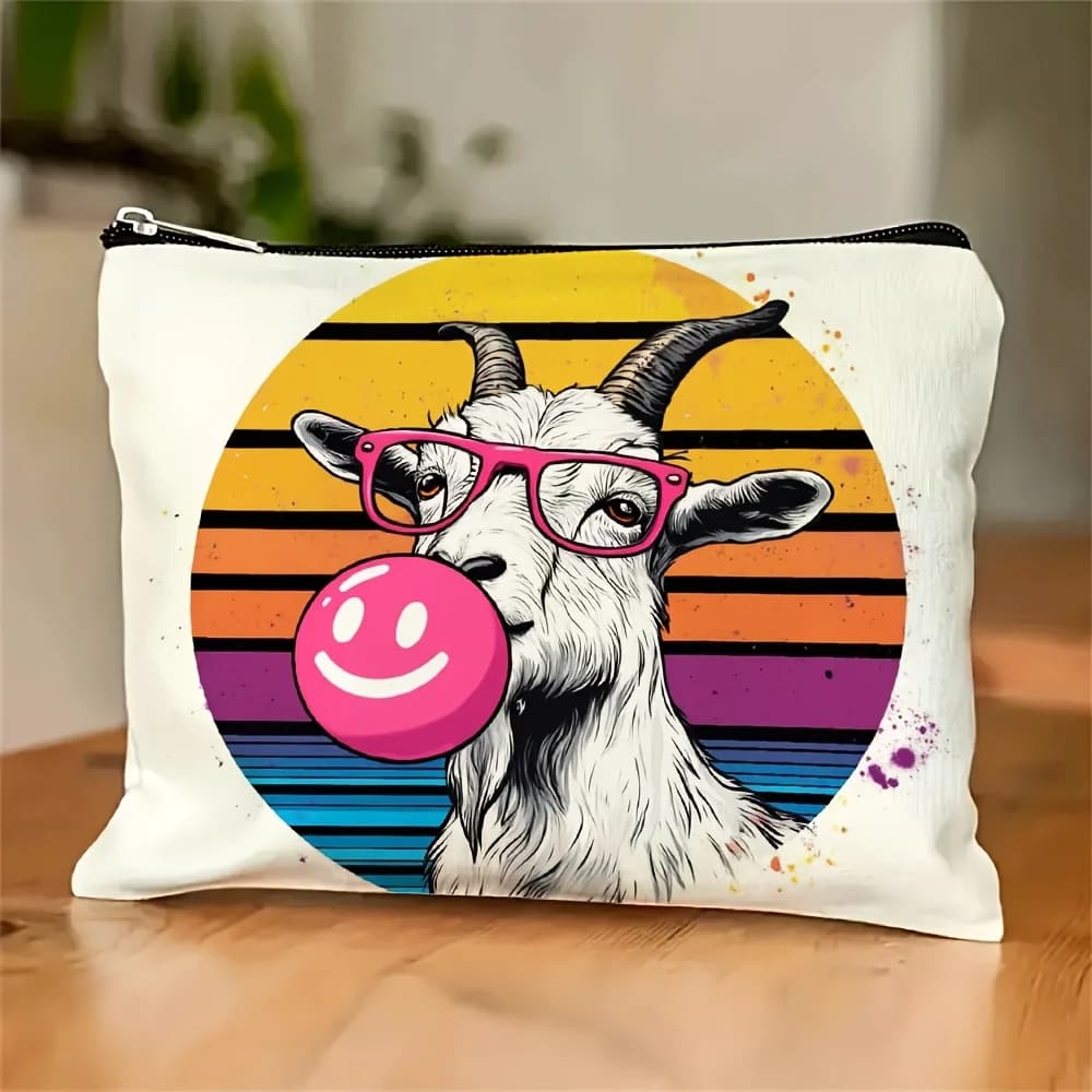 Una borsa per il trucco con capra e gomma da masticare rosa: custodia multifunzionale con cerniera, borsa per riporre gioielli, cerniera da viaggio perfetta