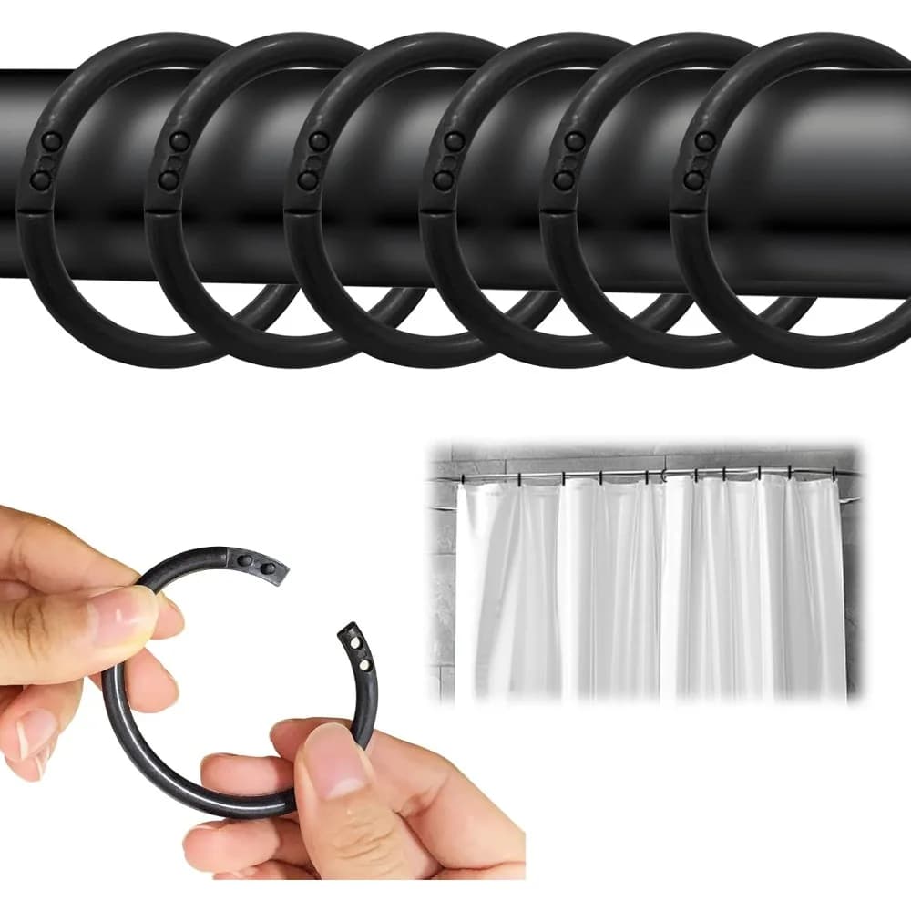 24 black shower curtain rings, plastic hooks for hanging bath curtains, suitable universal for most shower curtains