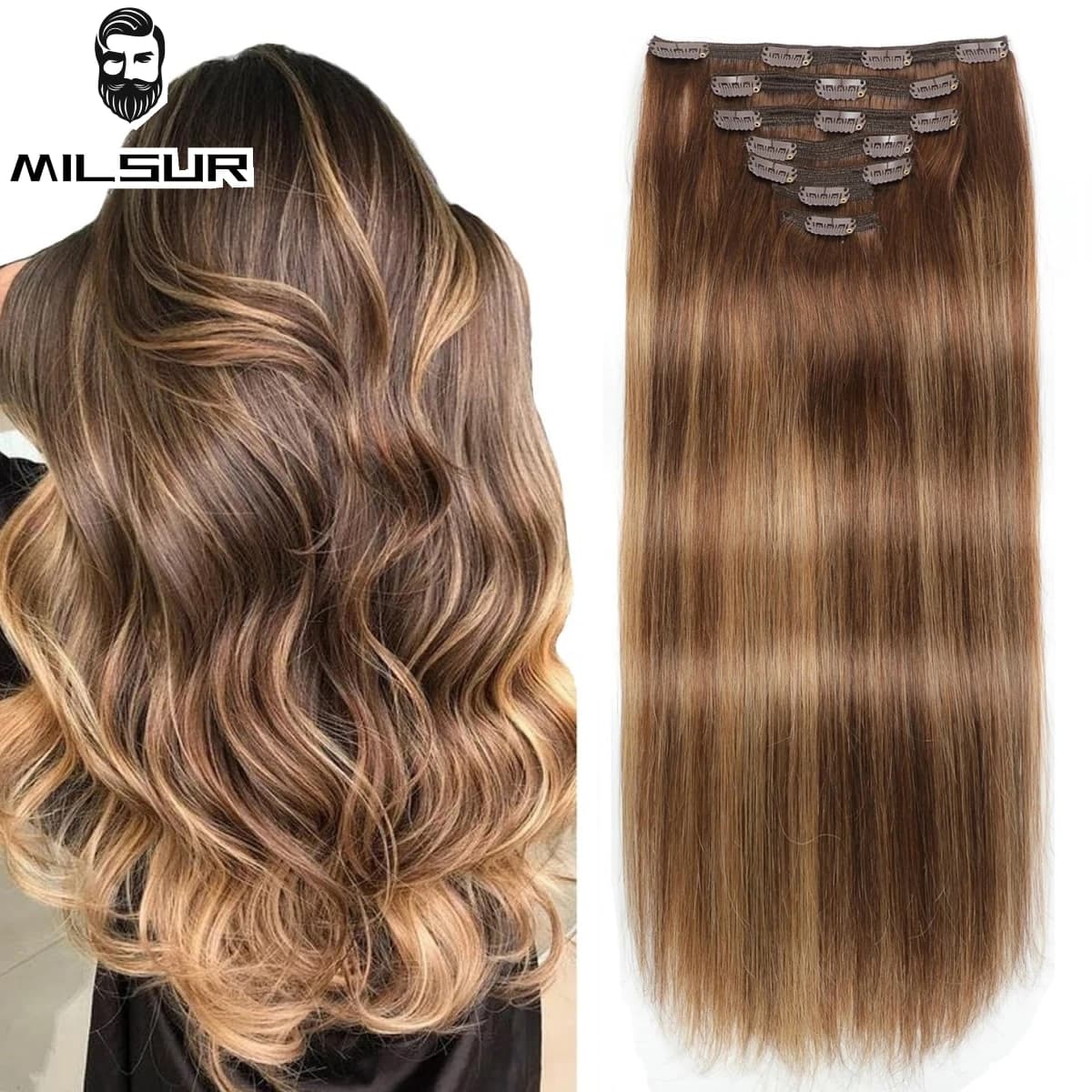 Clip nelle estensioni dei capelli umani Trama di capelli umani reali al 100% 7 pezzi Clip nelle estensioni dei capelli naturali Pezzi di capelli lisci Capelli Remy