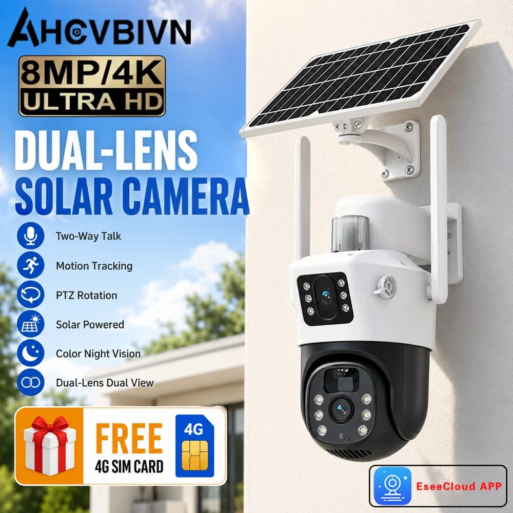 8MP 4K Dual Lens 4G Solar Powered Camera with Solar Panels Color Night Vision PIR Motion Detection Outdoor Security Cam