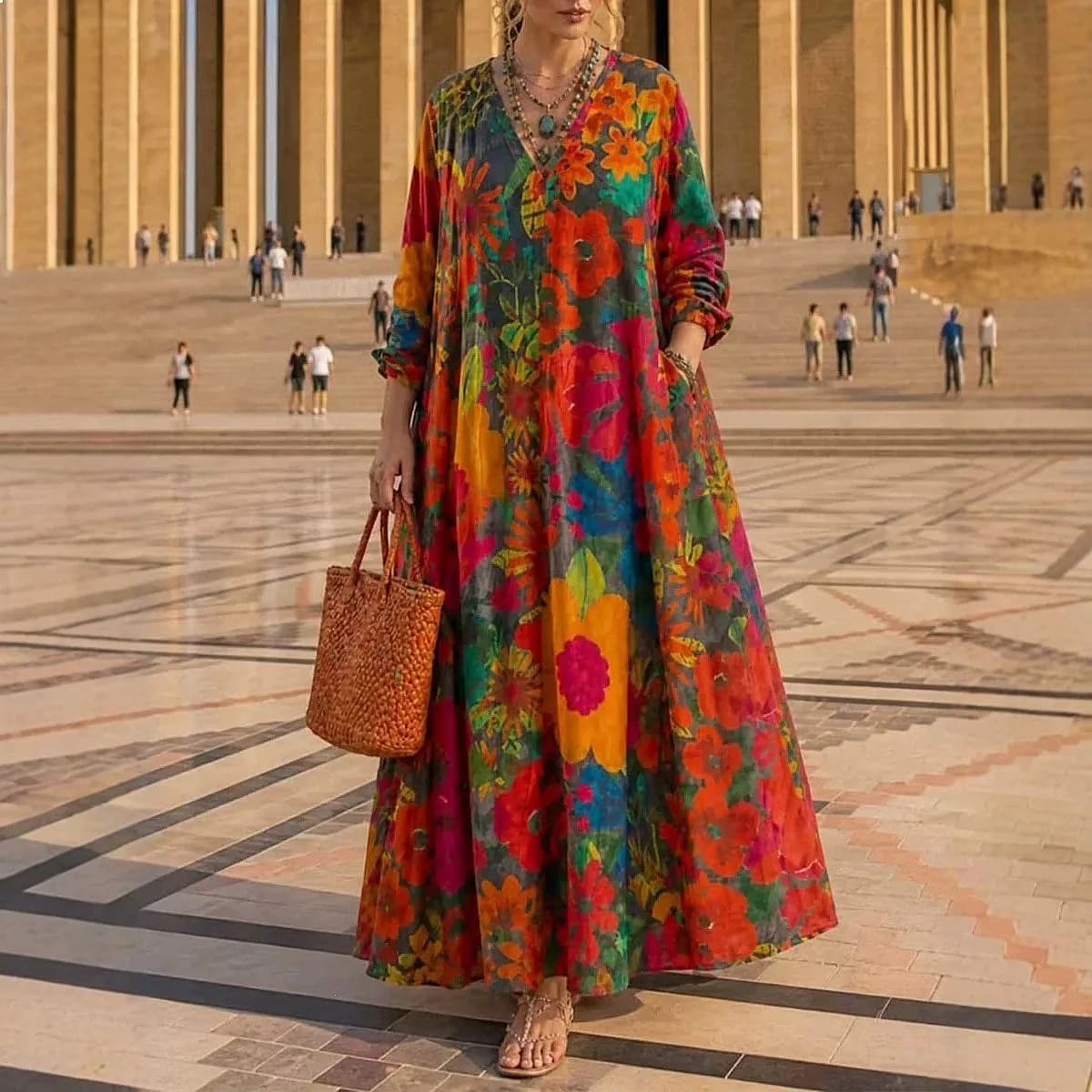 Elegante Abito Lungo con Stampa Floreale per Donne, Vestito Maxi Primaverile ed Estivo, Camicetta Casual a Maniche Lunghe