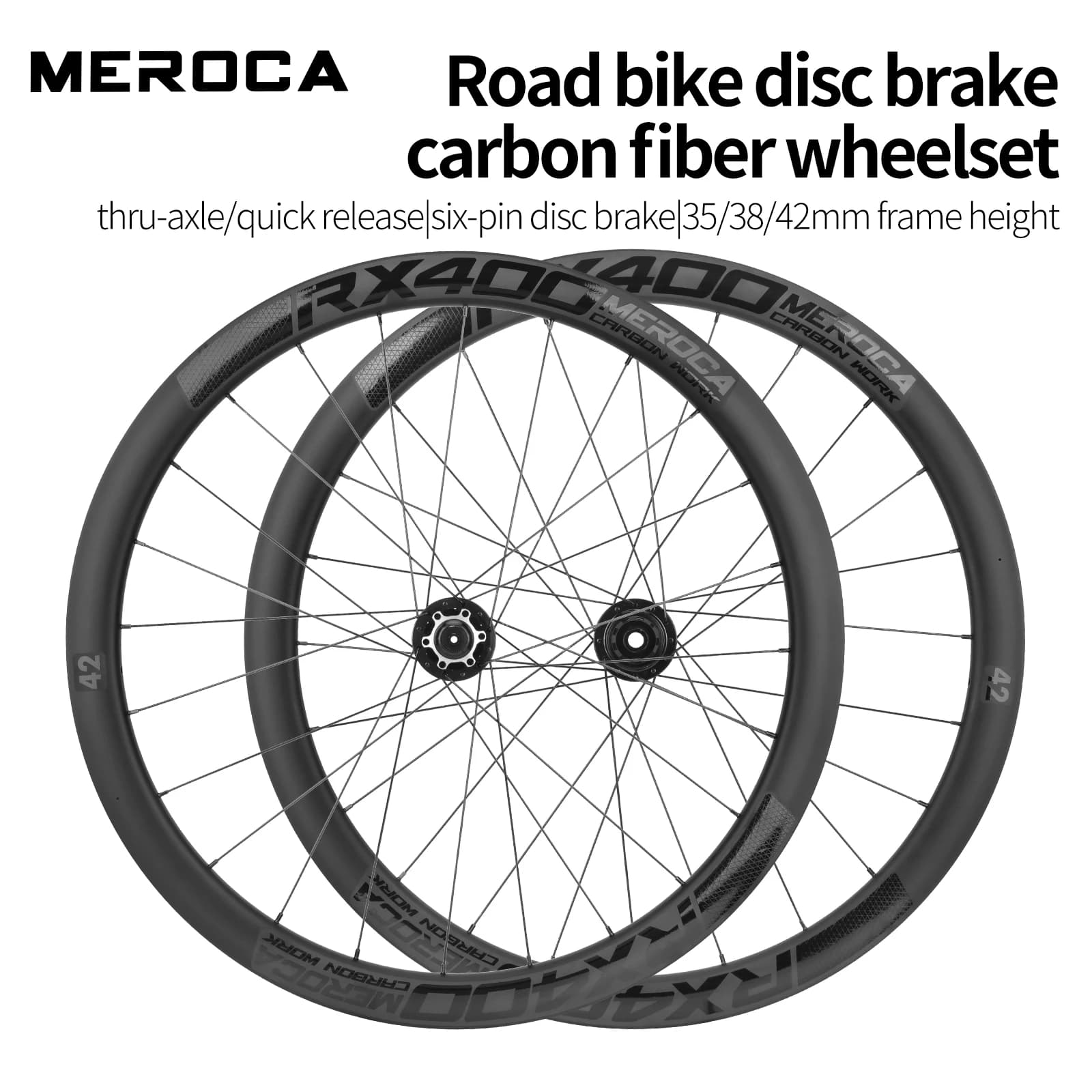 Set di Ruote in Fibra di Carbonio 700C per Bici da Strada, Freno a Disco, Cerchi a Sezione Profonda, Freno a Pattino / Asse Passante / Sgancio Rapido, Set di Ruote Aero in Carbonio