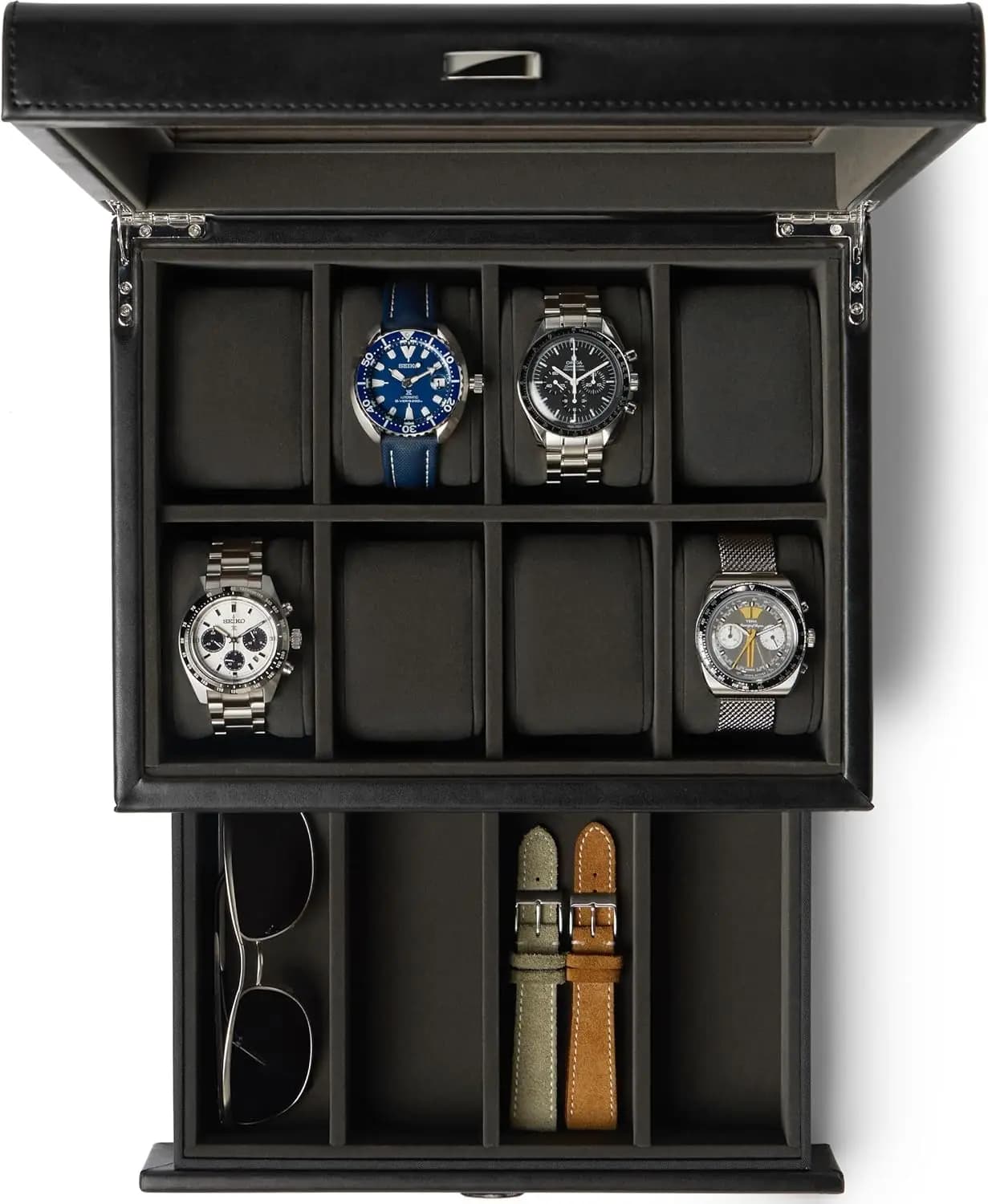 Scatola Porta Orologi da Uomo con 8 Scomparti, Cassetto Portaoggetti, Vetrina in Vero Vetro, Cuscini Extra Larghi per Orologi Grandi