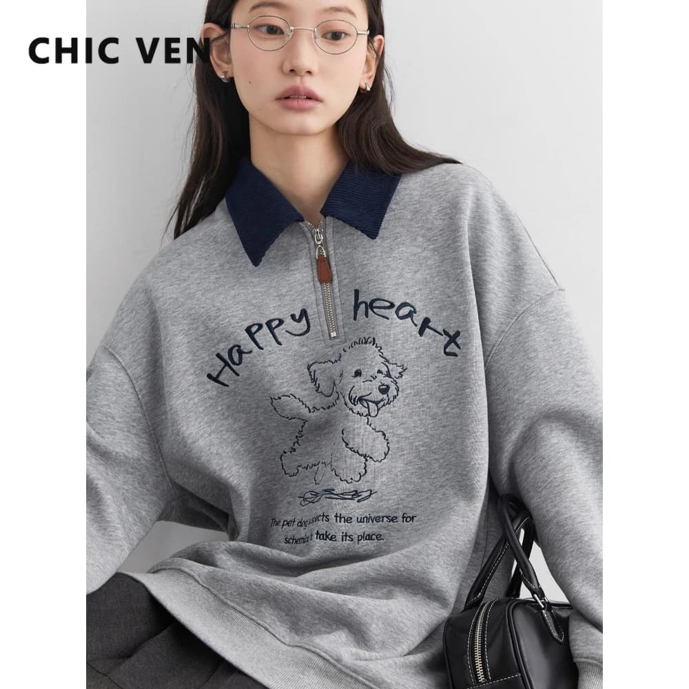 CHIC VEN Nuove Donne Felpe Casual Allentato Polo Collare Cane Ricamo Velluto Peluche Caldo Top Femminile Pullover Autunno Inverno 2025