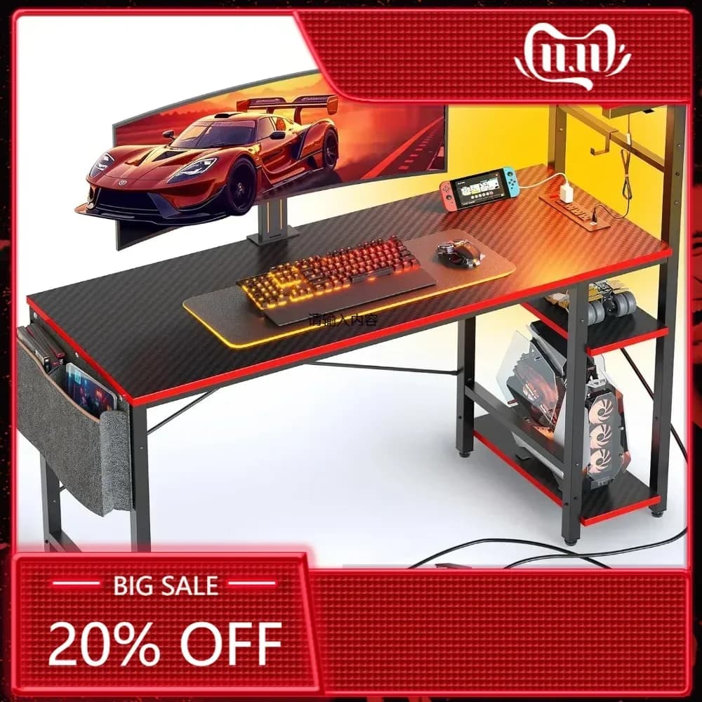 44 inch LED gaming desk with 4-level reversible shelves, PC gaming table with headphone hook and sid