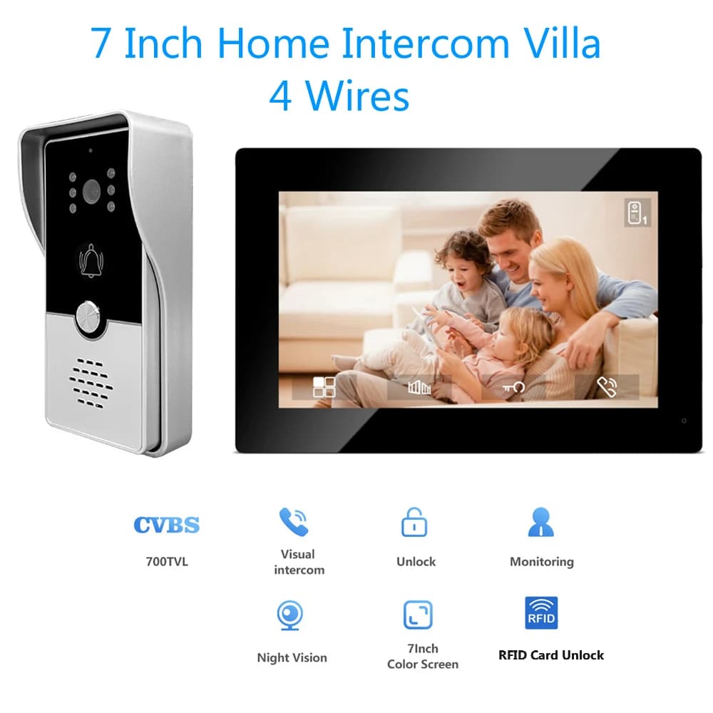 4 Videocitofono cablato Sistema RFID Sblocco campanello con telecamera con schermo da 7 pollici Visione notturna Campanello per porta di casa per Villa M72T