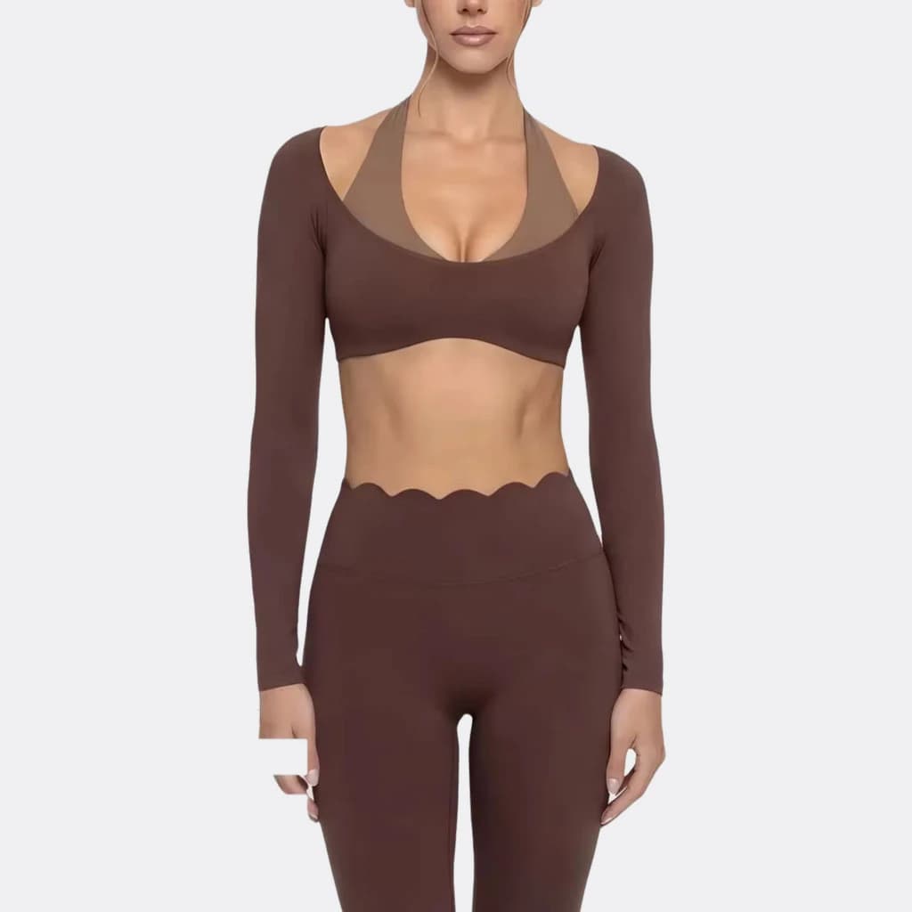Fake women's sports sweater in two long sleeved pieces with American neckline, pilates, yoga, slim fit, fitness, sport, top, leggings, training pantyhose